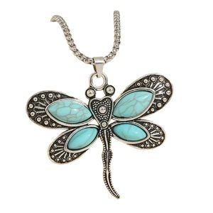Antique Silver and Turquoise Dragonfly Pendant Necklace